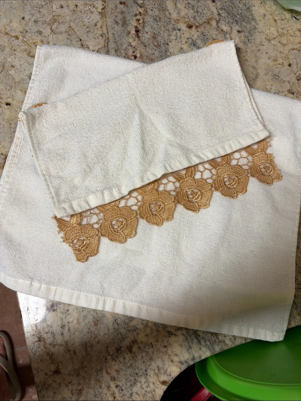 Embroidered Floral Garden White Hand Towel and Washcloth with Gold Lace Trim